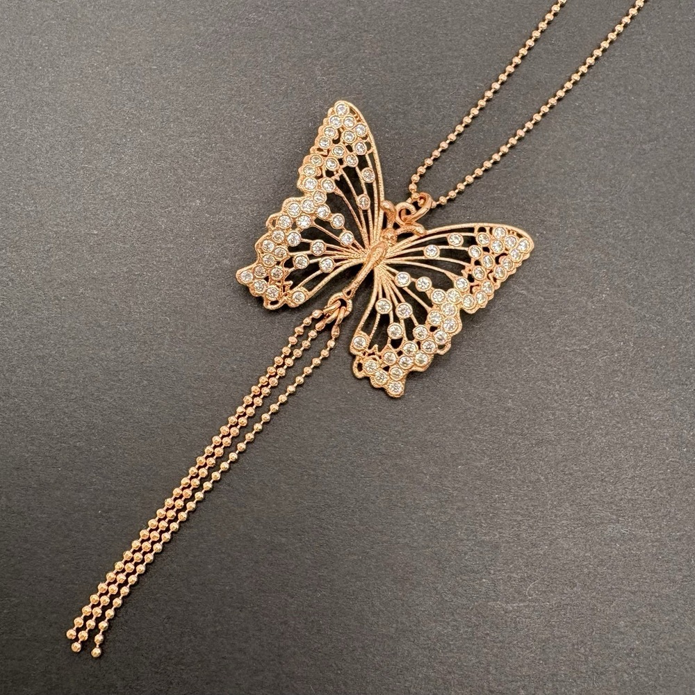 Jacmel Mauritius JCM Butterfly Necklace 925 Sterling Silver CZ Rose Gold Tassels